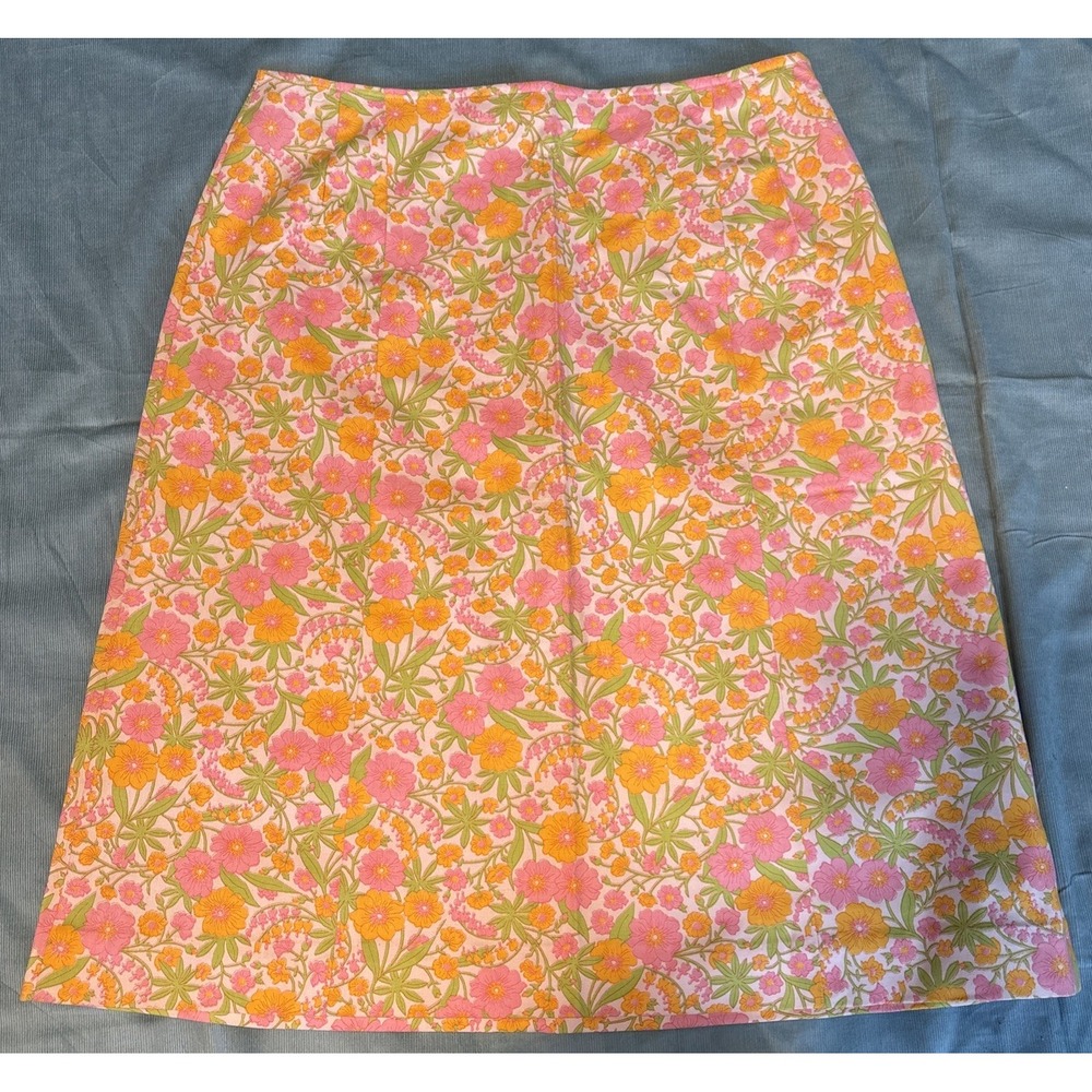 Vintage ILGWU Floral A-Line Skirt Pink Orange Psychedelic Cotton Midi Size 34